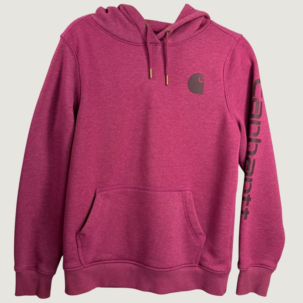 Carhartt Womens Relaxed Fit Logo Sleeve Hoodie Berry Pink Medium 8-10